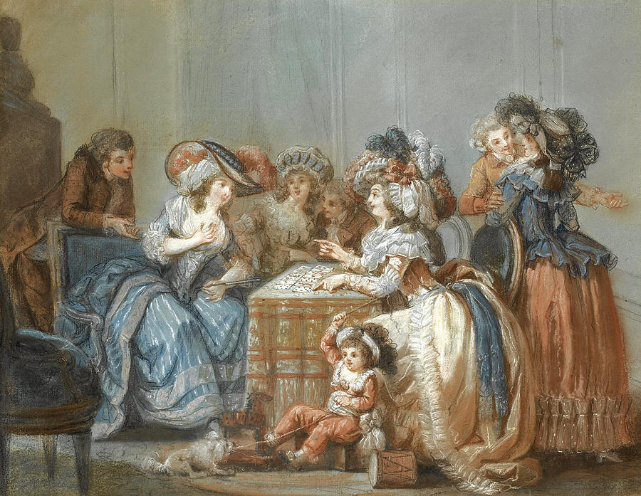 An elegant party around a table watching a lady having her fortune told with cards Drawing by Francois-Louis-Joseph Watteau