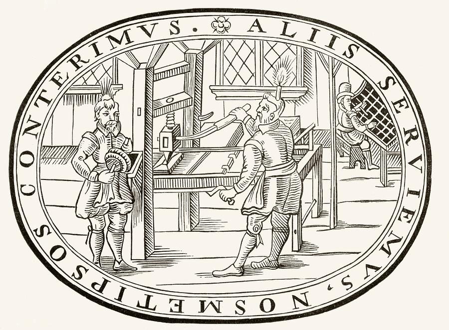 Office Drawing - An English Printing Office, 1619. From by Vintage Design Pics