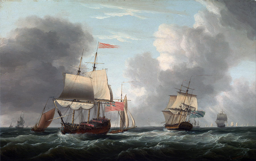 An English Two-Decker Lying Hove to  with Other Ships and Vessels in a Fresh Breeze Painting by Dominic Serres