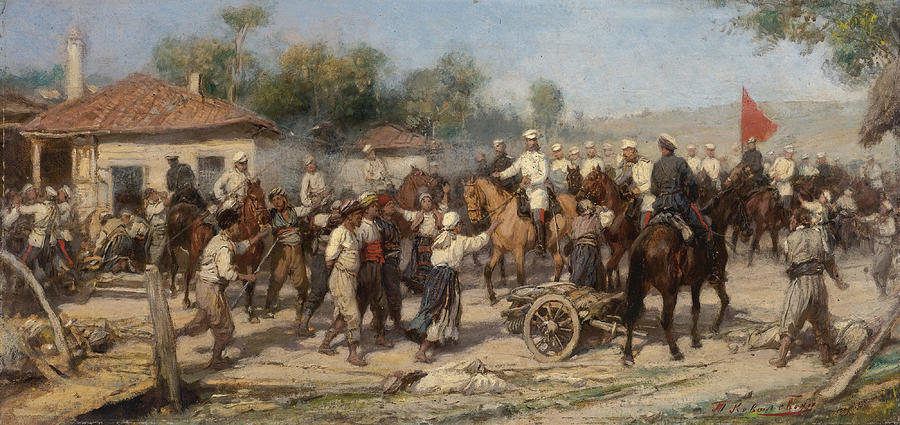 An Episode from the 1877-78 War. Russian Troops liberate a Balkan Village from the Turks Painting by Pavel Osipovich Kovalevsky