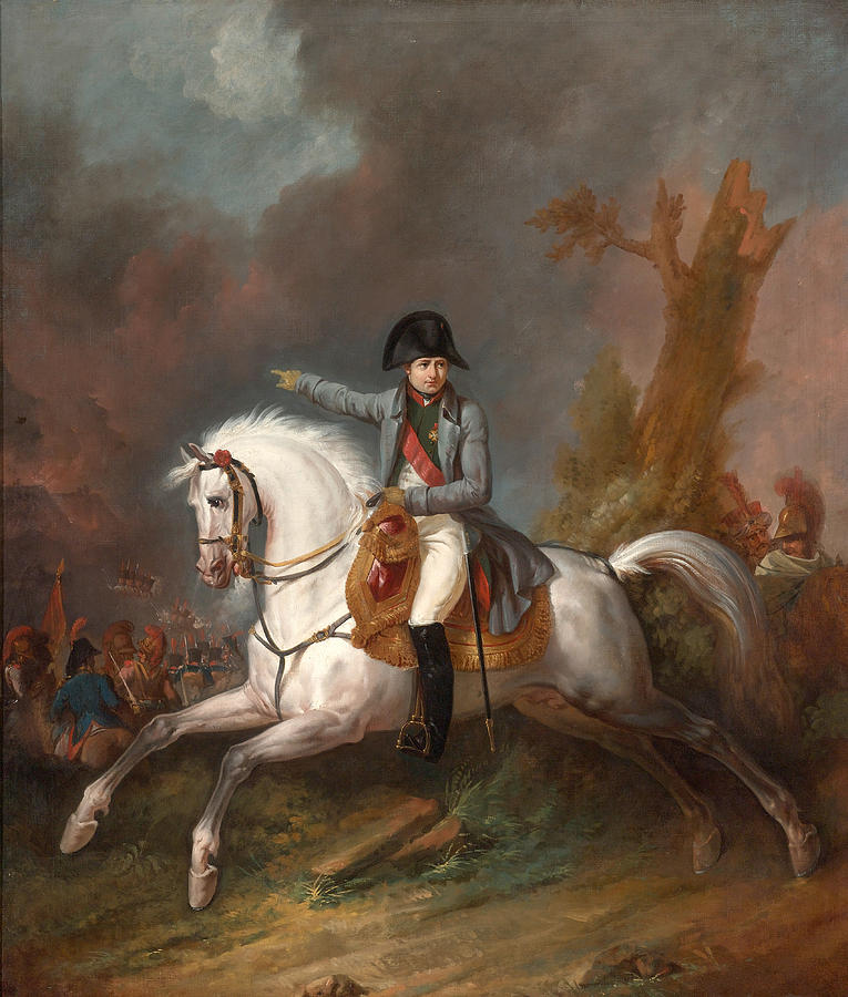An equestrian portrait of Emperor Napoleon with a battle beyond Painting by Carle Vernet