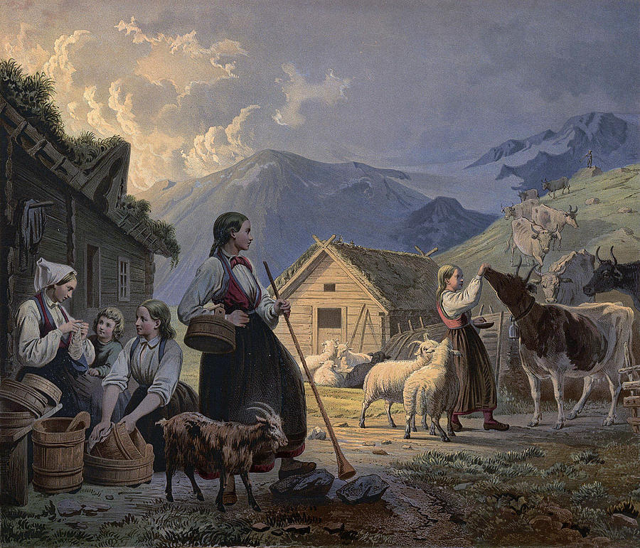 An evening at the hut of the cow-herdesses Drawing by Knud Bergslien