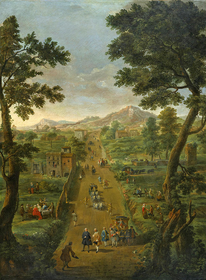 An extensive landscape with carriages and elegant figures on a road including the artist himself gar Painting by Giovanni Paolo Panini