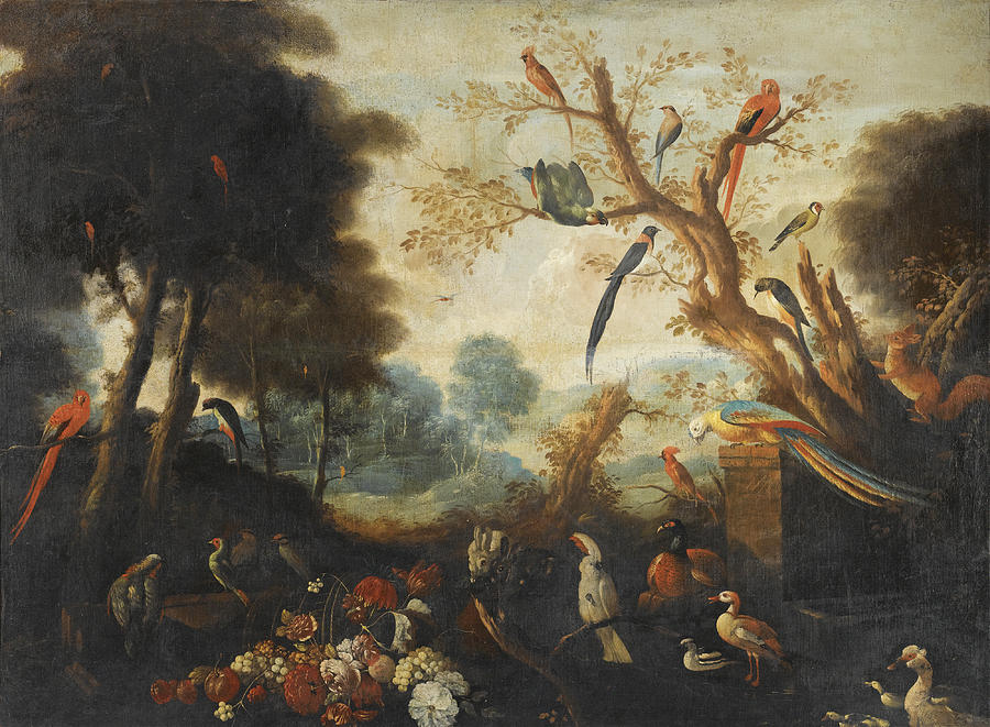 An extensive landscape with different birds and animals a still life with flowers in the foreground Painting by Flemish School