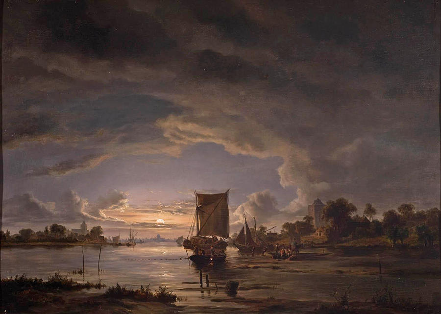 An Extensive River Scene with Sailboat Painting by Jacob Abels