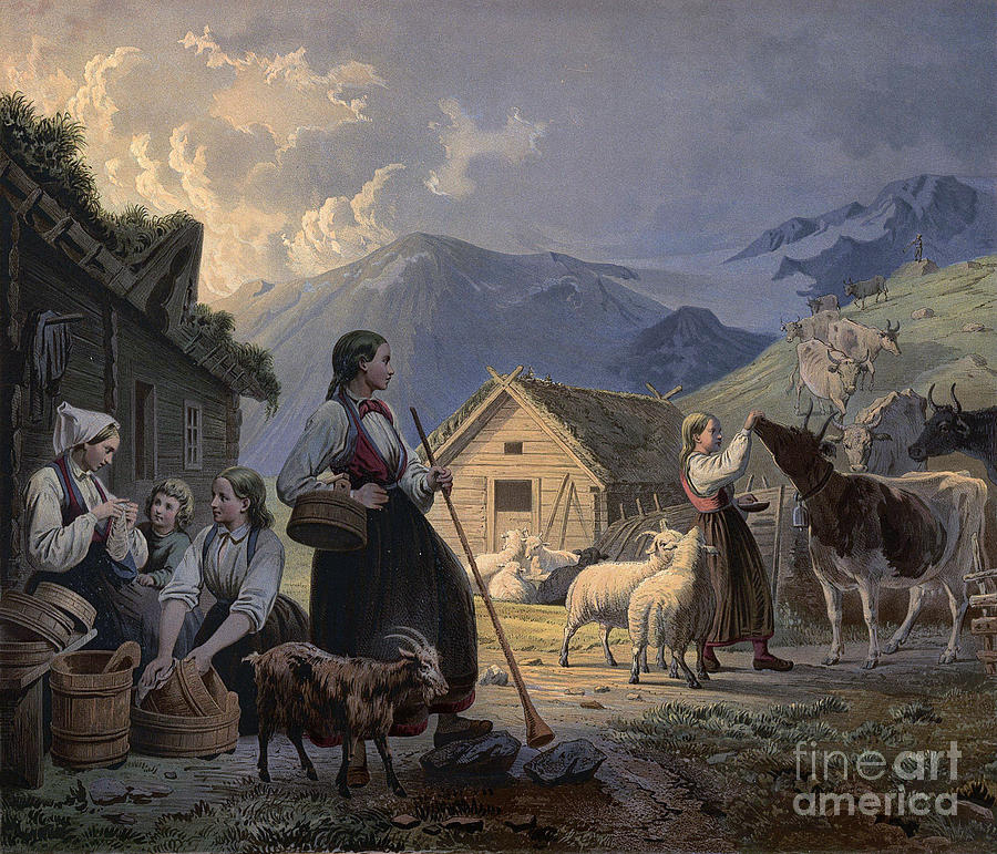 An idealized depiction of girl cow herders Painting by Celestial Images