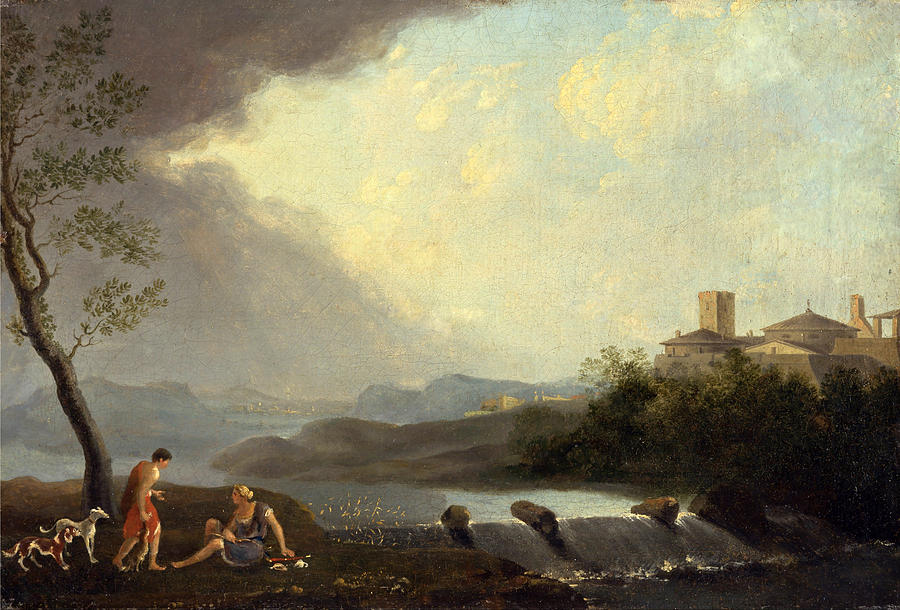An Imaginary Italianate Landscape with Classical Figures and a Waterfall Painting by Thomas Jones