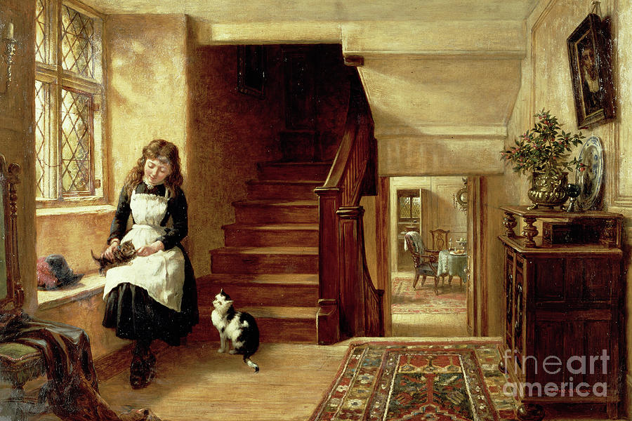 Cat Painting - An Interior with a Girl Playing with Cats  by Robert Collinson