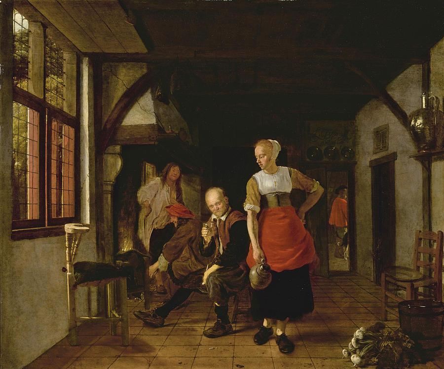 An Interior with a Maid holding a Jug and Three Men beside a Fire Painting by Ludolph de Jongh