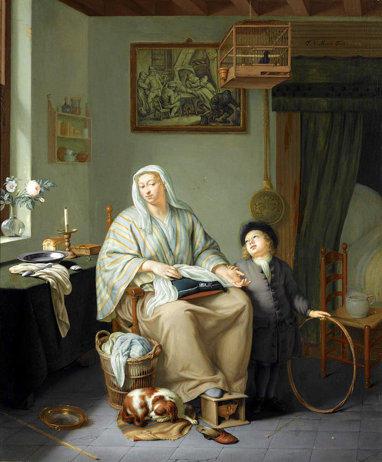 An Interior with a Woman doing Needlework and a Young Boy with a Hoop Painting by Frans van Mieris the Younger