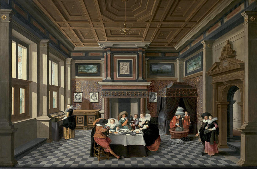 An Interior with Ladies and Gentlemen Dining Painting by Dirck van Delen