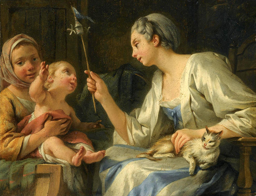 An Interior with Two Women Entertaining a Child Painting by Noel Halle