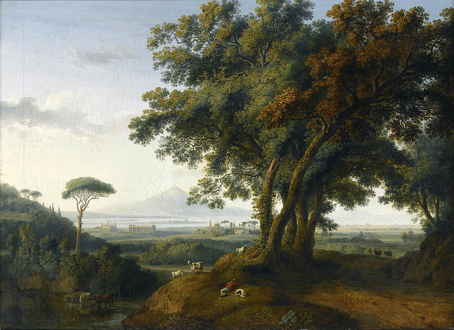 An Italian capriccio veduta with a Greek temple near a shoreline and a distant volcano Painting by Jacob Philipp Hackert