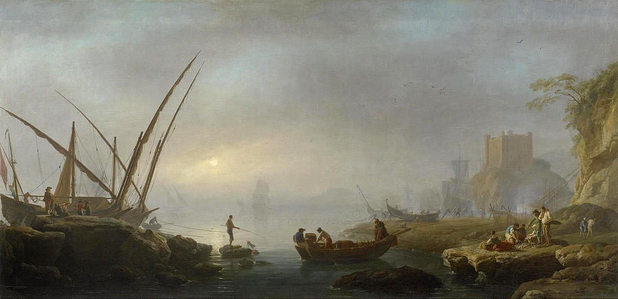 An Italian Port Scene Painting by Charles-Francois Lacroix de Marseille