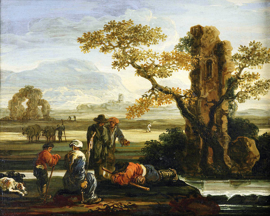 An Italianate landscape with herdsmen resting near a ruined tower Painting by Jan de Momper