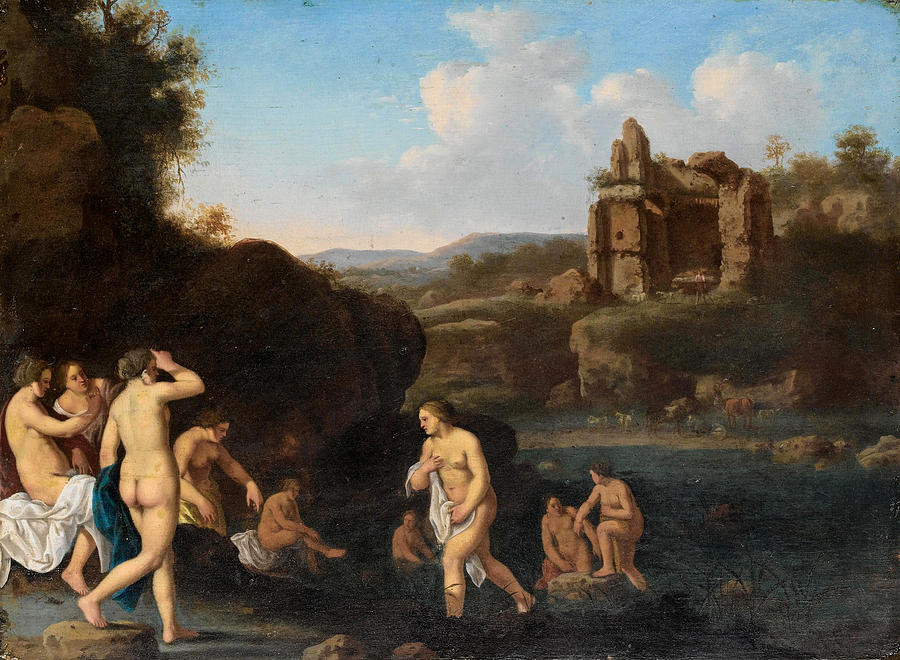 An Italianate landscape with Nymphs bathing Painting by Jan van Haensbergen