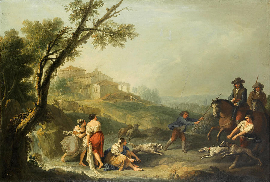 An Italianate landscape with washerwomen beside a waterfall and horesemen and their dogs approaching Painting by Francesco Zuccarelli