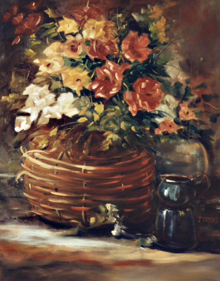 Flower Painting - An Old Basket with Flowers by Jimmie Trotter