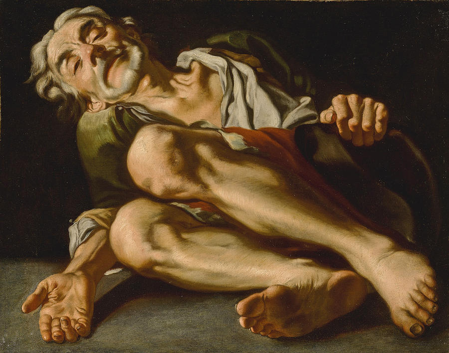 An old Beggar, lying Down, his Hand reaching out Painting by Gaspare Traversi