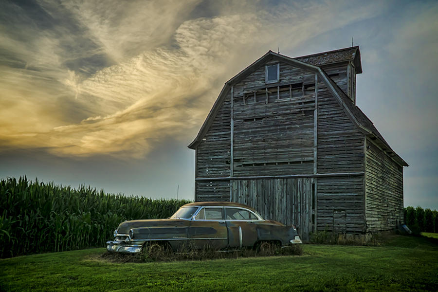 An Old Cadillac by a barn and cornfield Photograph by Sven Brogren