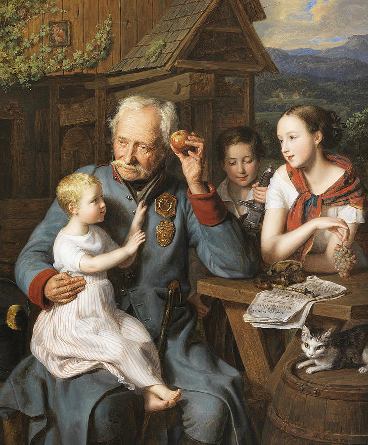 An Old Invalid with Three Children Painting by Ferdinand Georg Waldmuller