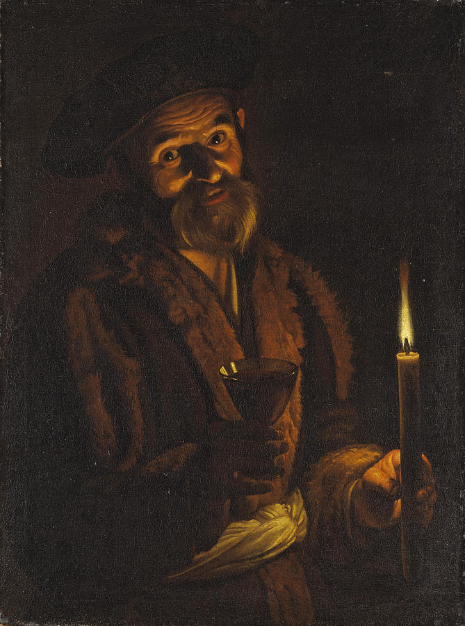 An Old Man with a Candle and a Glass Painting by Attributed to Adam de Coster