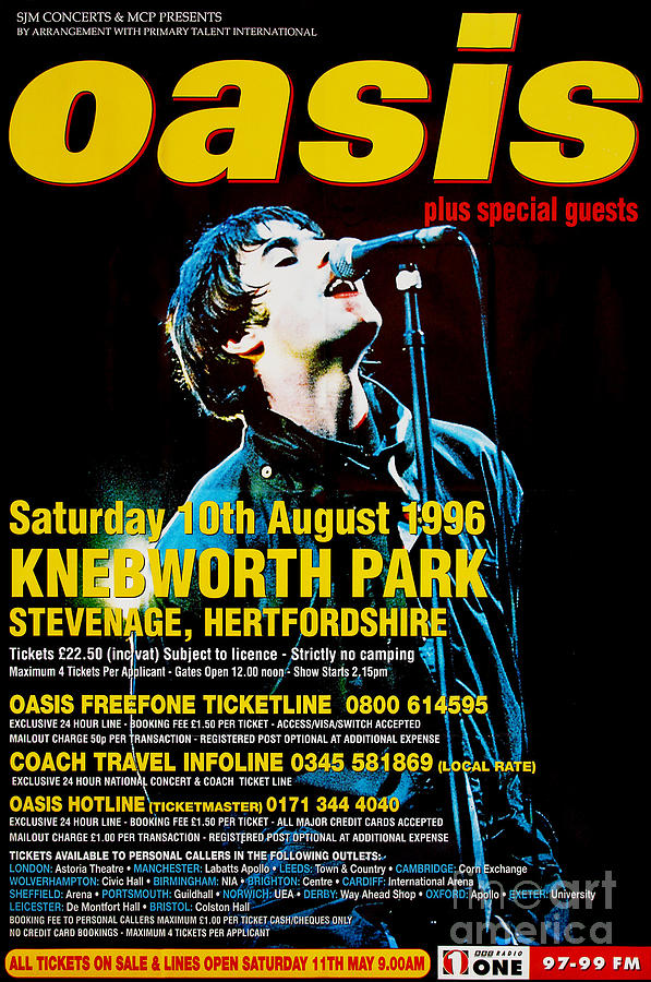 Music Photograph - An original litho-printed Oasis poster for the 1996 Knebworth concert by Oasis