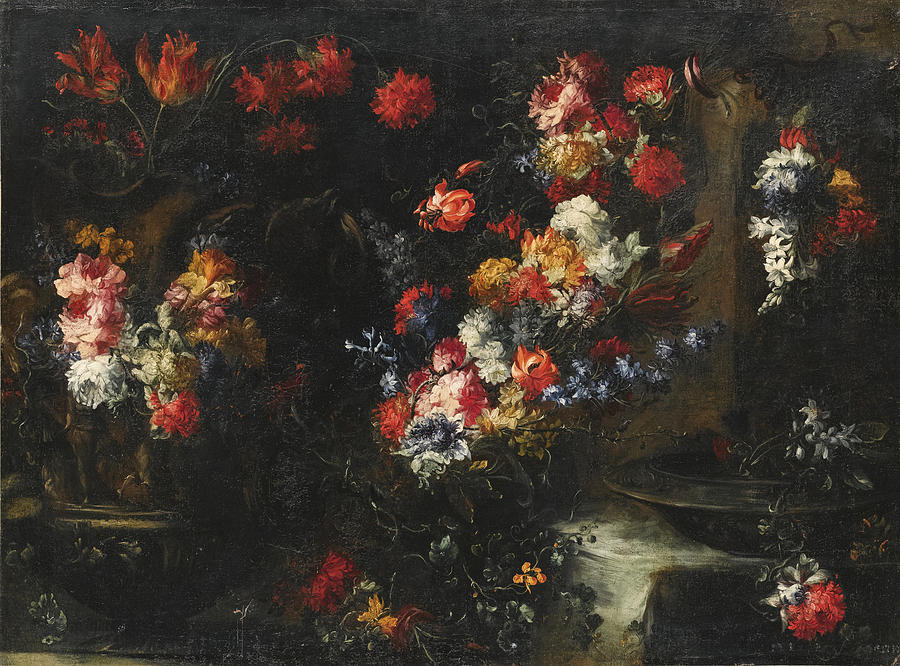 An ornate Still Life with flowers in Vases on a Stone Ledge Painting by Margherita Caffi