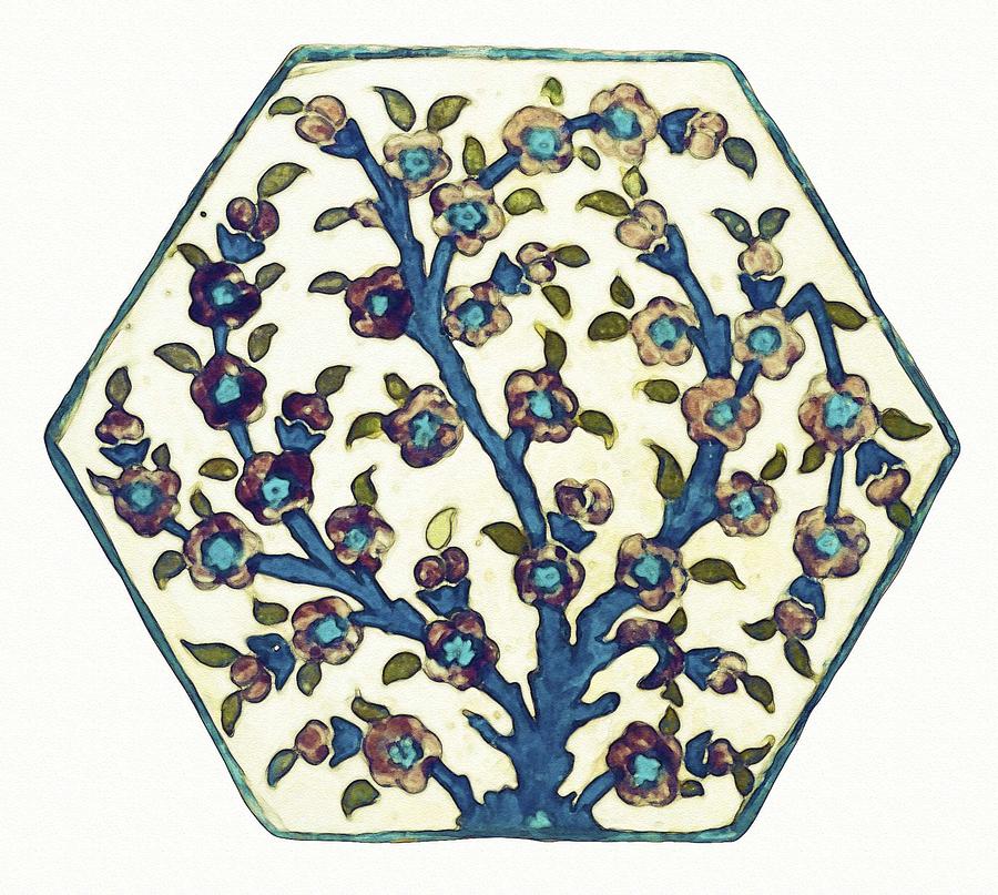 Bowl Painting - An Ottoman dmascus style floral design hexagonal pottery polychrome, by Adam Asar, No 12 by Celestial Images