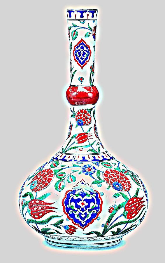 Bowl Painting - An Ottoman Iznik style floral design glowing pottery polychrome, by Adam Asar, No 5a by Celestial Images