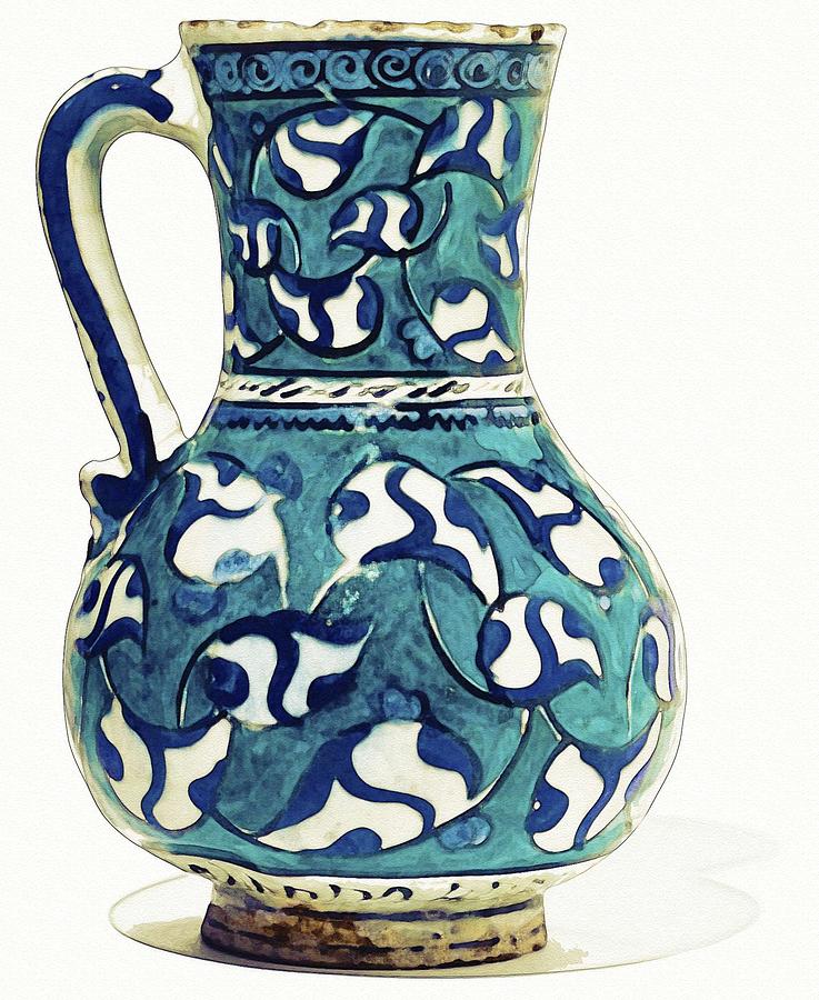 Bowl Painting - An Ottoman Iznik style floral design pottery jug polychrome, by Adam Asar, No 16 by Celestial Images