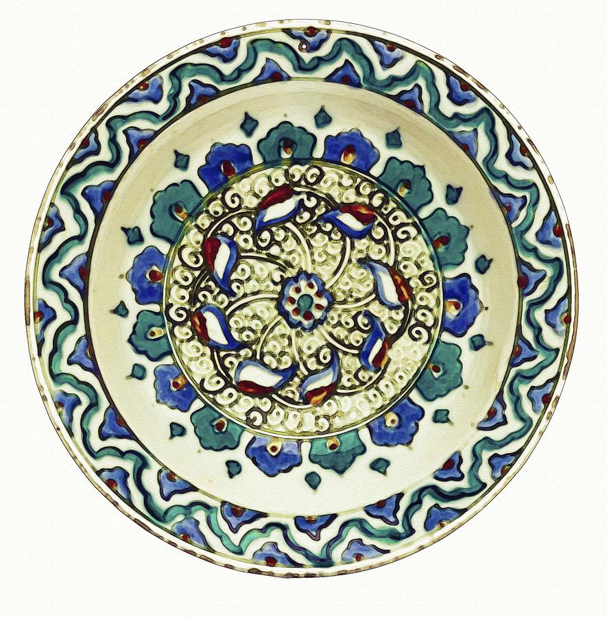 Bowl Painting - An Ottoman Iznik style floral design pottery polychrome, by Adam Asar, No 18a by Celestial Images