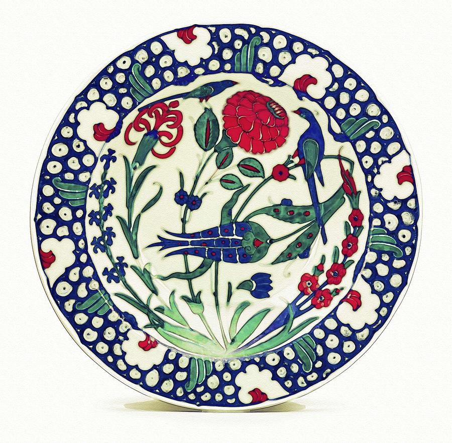 Bowl Painting - An Ottoman Iznik style floral design pottery polychrome, by Adam Asar, No 1a by Celestial Images