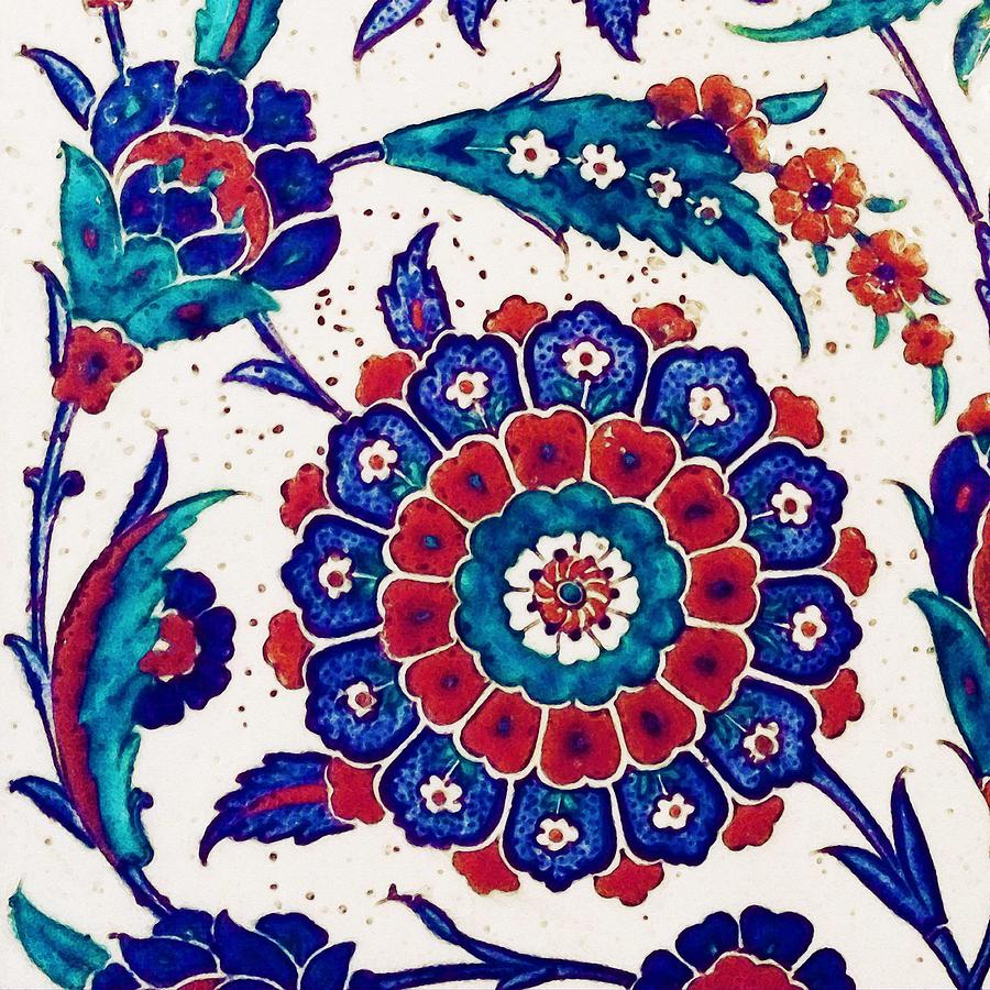 An Ottoman Iznik style floral design pottery polychrome, by Adam Asar, No 37 b Painting by Celestial Images