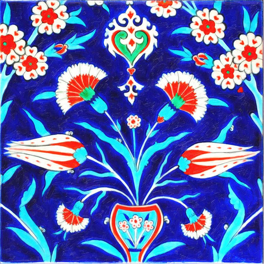An Ottoman Iznik style floral design pottery polychrome, by Adam Asar, No 48L painting Painting by Celestial Images