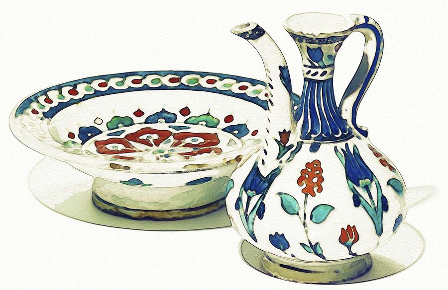 Bowl Painting - An Ottoman Iznik style floral design pottery polychrome, by Adam Asar, No 4a by Celestial Images