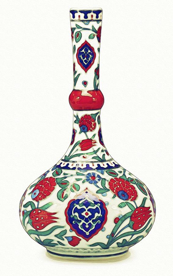 Bowl Painting - An Ottoman Iznik style floral design pottery polychrome, by Adam Asar, No 5a by Celestial Images