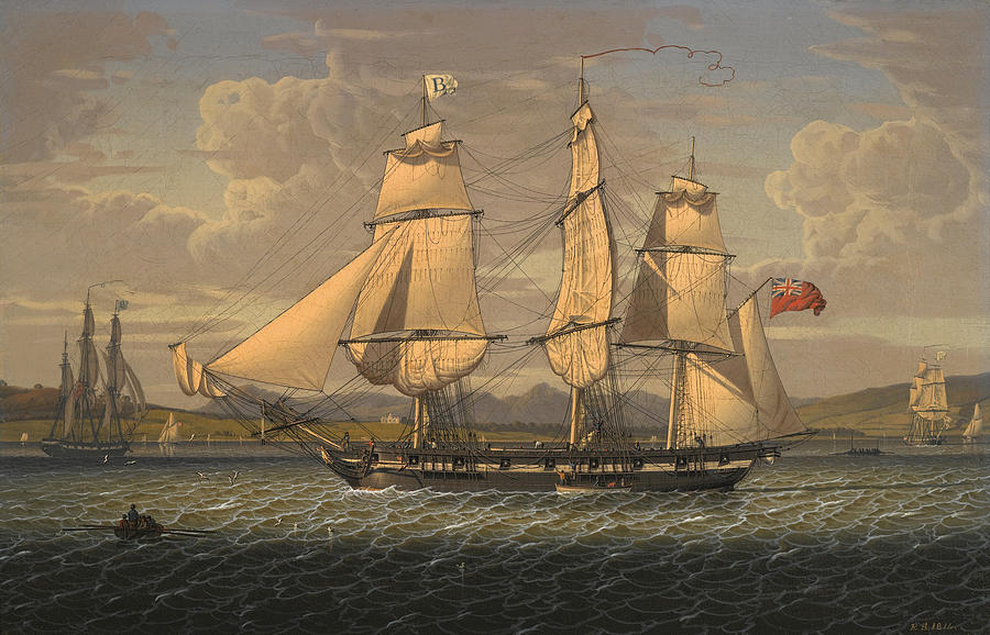 An Outward-bound 18-gun Merchantman at the Tail of the Bank portrayed in Three Positions Painting by Robert Salmon