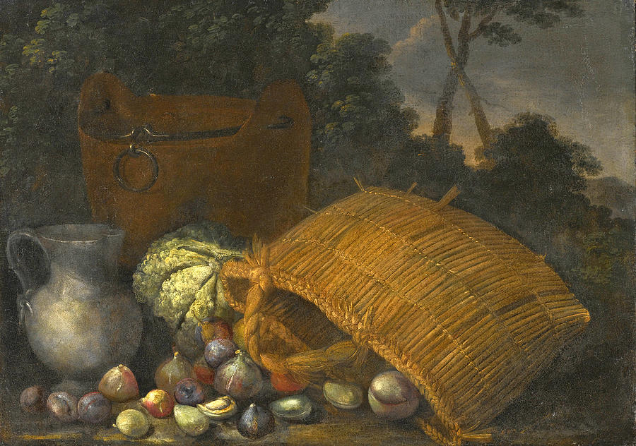An overturned basket with fruit and vegetables Painting by Attributed to Candido Vitali