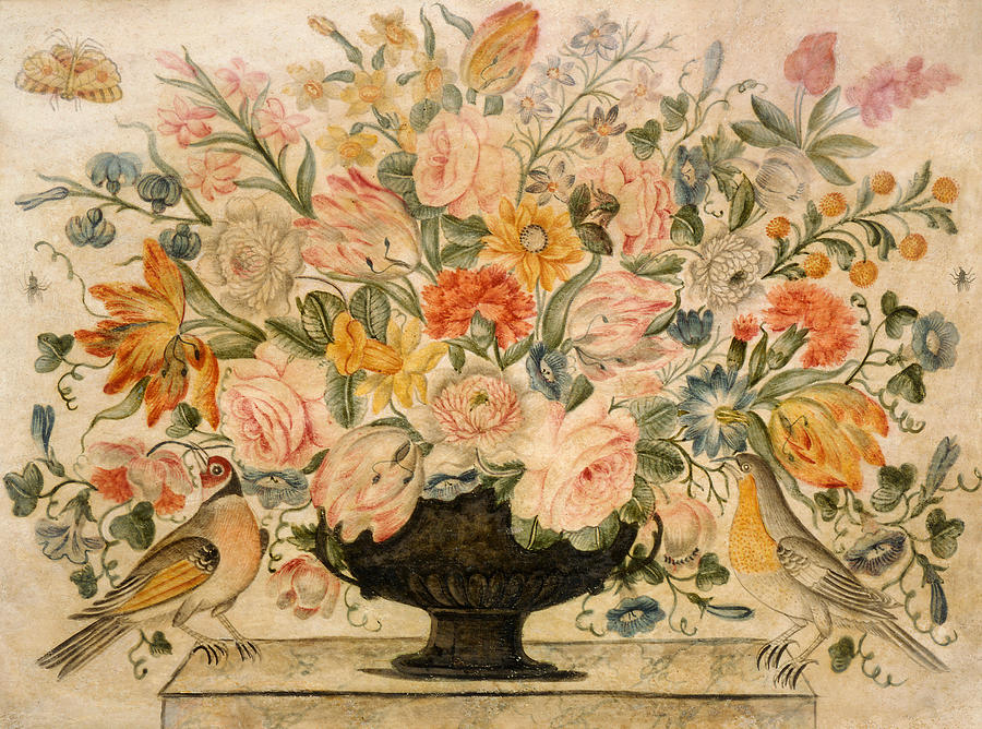 Still Life Drawing - An Urn Containing Flowers On A Ledge by Octavianus Montfort