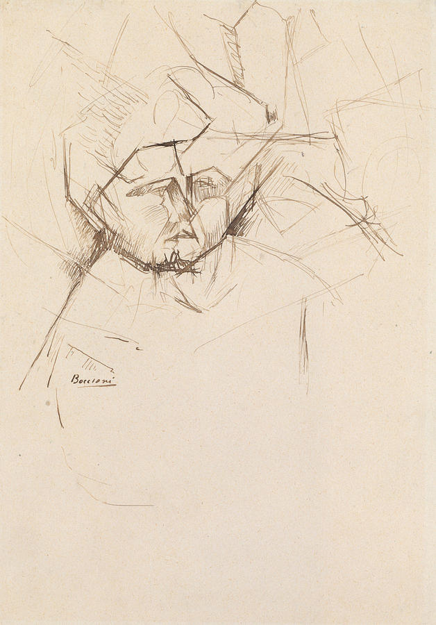 Analytical Study of a Womans Head Against Buildings Drawing by Umberto Boccioni