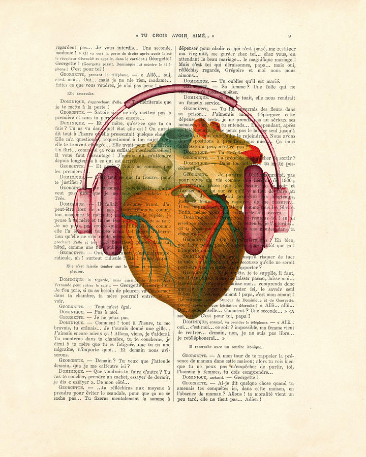 Music Digital Art - Anatomical Heart And Headphonesin Color  by Madame Memento