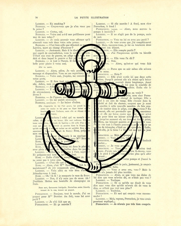 Black And White Digital Art - Anchor black lines old school illustration by Madame Memento