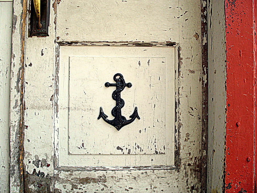 Anchor on Old Door Photograph by Kathy Barney