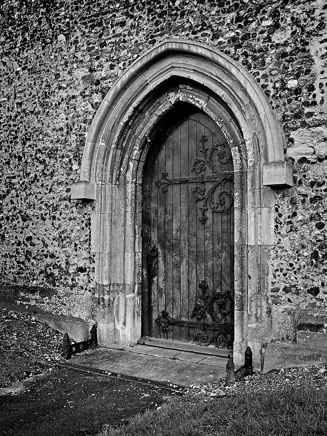 Ancient Church Door With Ornate Hinges in Black and White Photograph by Gill Billington
