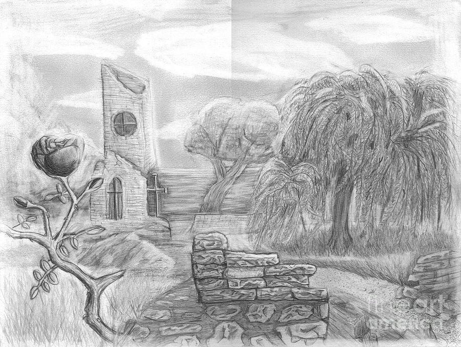 Landscape Drawing - Ancient Church by Katie Alfonsi Landscape Drawing - Ancient Church by Katie Alfonsi