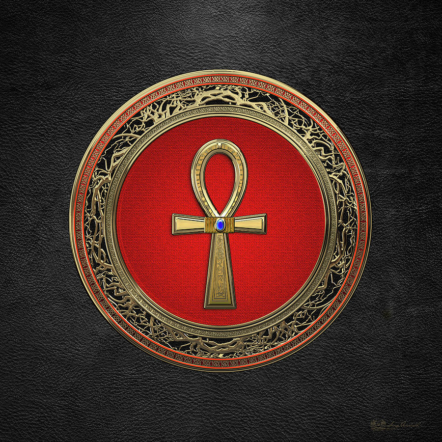 Ancient Egyptian Ankh - Sacred Golden Cross over Black Leather Digital Art by Serge Averbukh