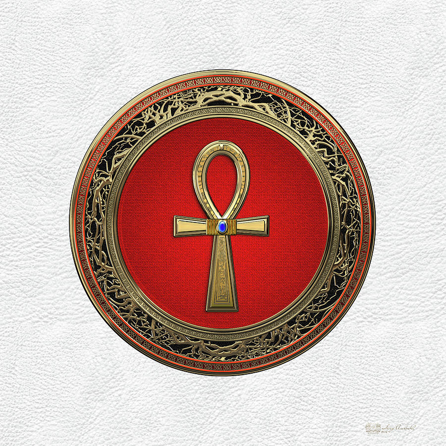 Ancient Egyptian Ankh - Sacred Golden Cross over White Leather Digital Art by Serge Averbukh