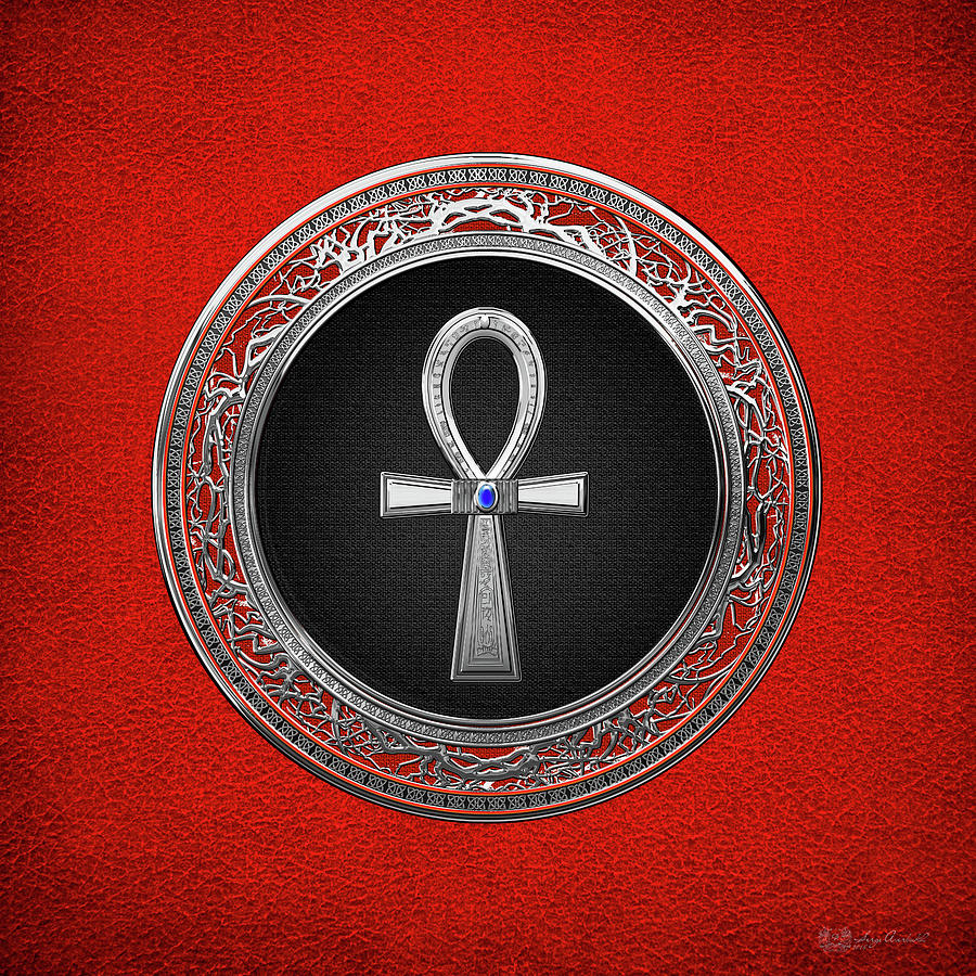 Ancient Egyptian Ankh - Sacred Silver Cross over Red Leather Digital Art by Serge Averbukh