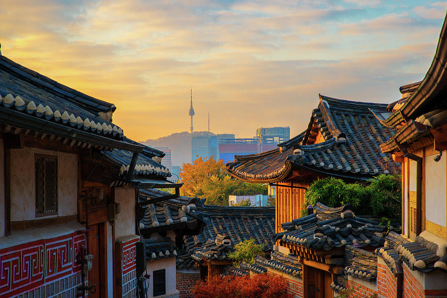 Ancient Korean town in Autumn and morning sunrise Photograph by Anek Suwannaphoom
